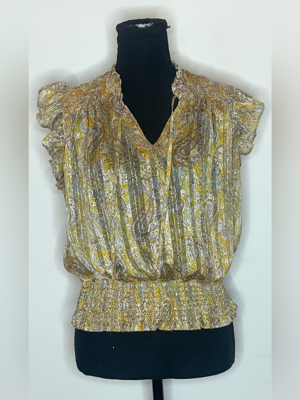 Rachel Zoe- Mustard Paisley Ruffle Sleeve Smocked Hem Blouse Size M